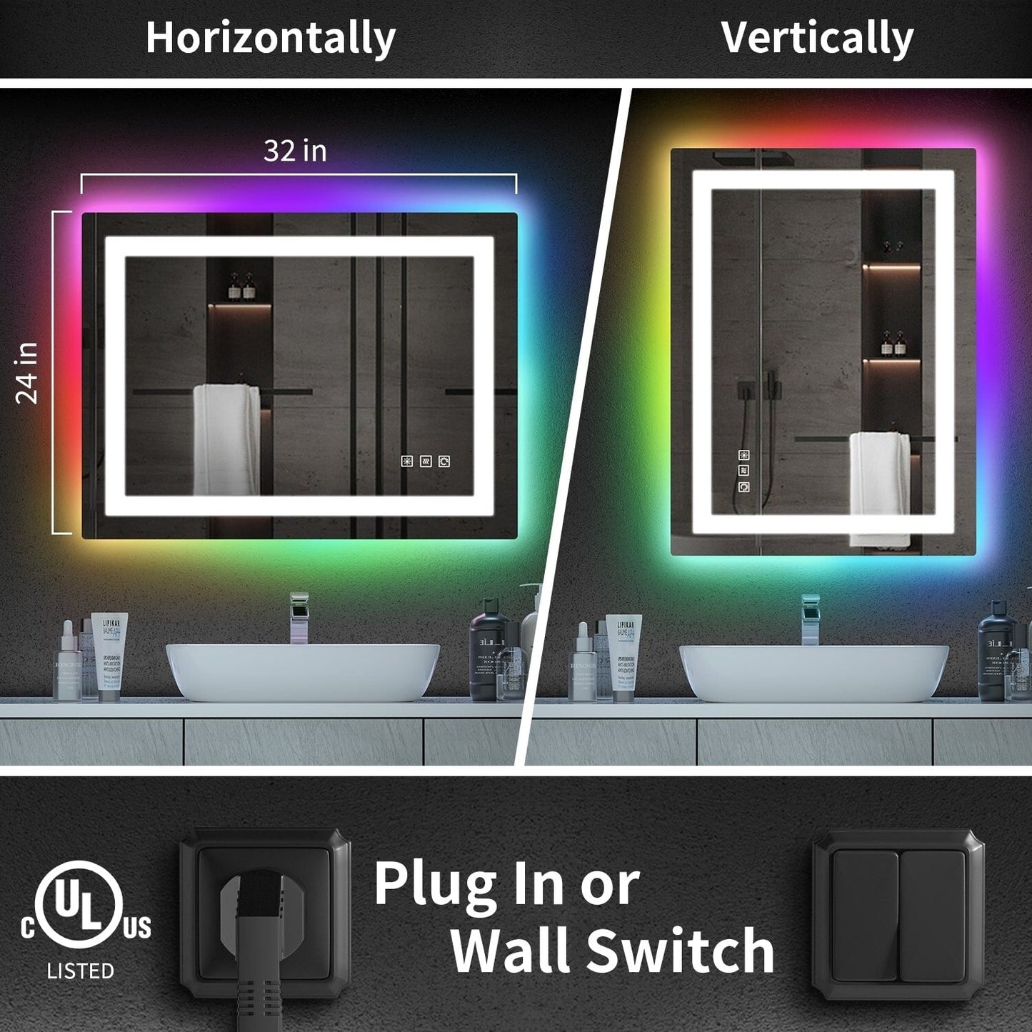 Miroir de salle de bain antibuée avec rétroéclairage RGB et éclairage LED frontal