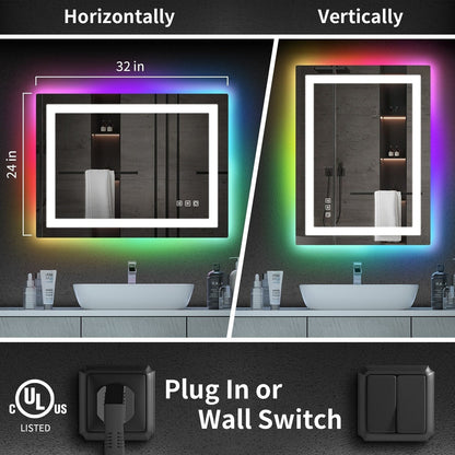 Miroir de salle de bain antibuée avec rétroéclairage RGB et éclairage LED frontal