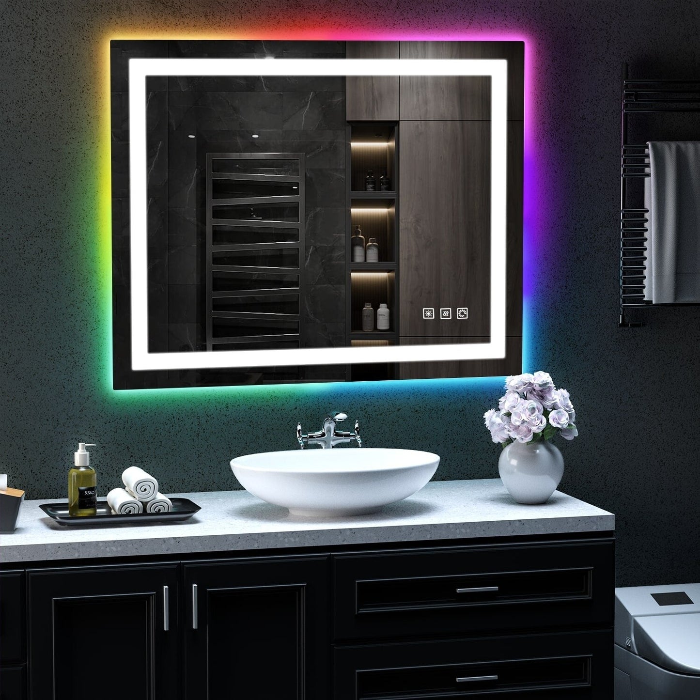 Miroir de salle de bain antibuée avec rétroéclairage RGB et éclairage LED frontal