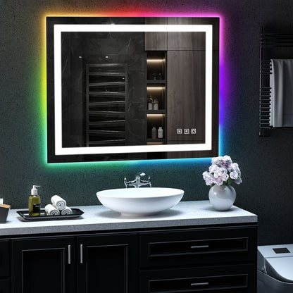 Miroir de salle de bain antibuée avec rétroéclairage RGB et éclairage LED frontal