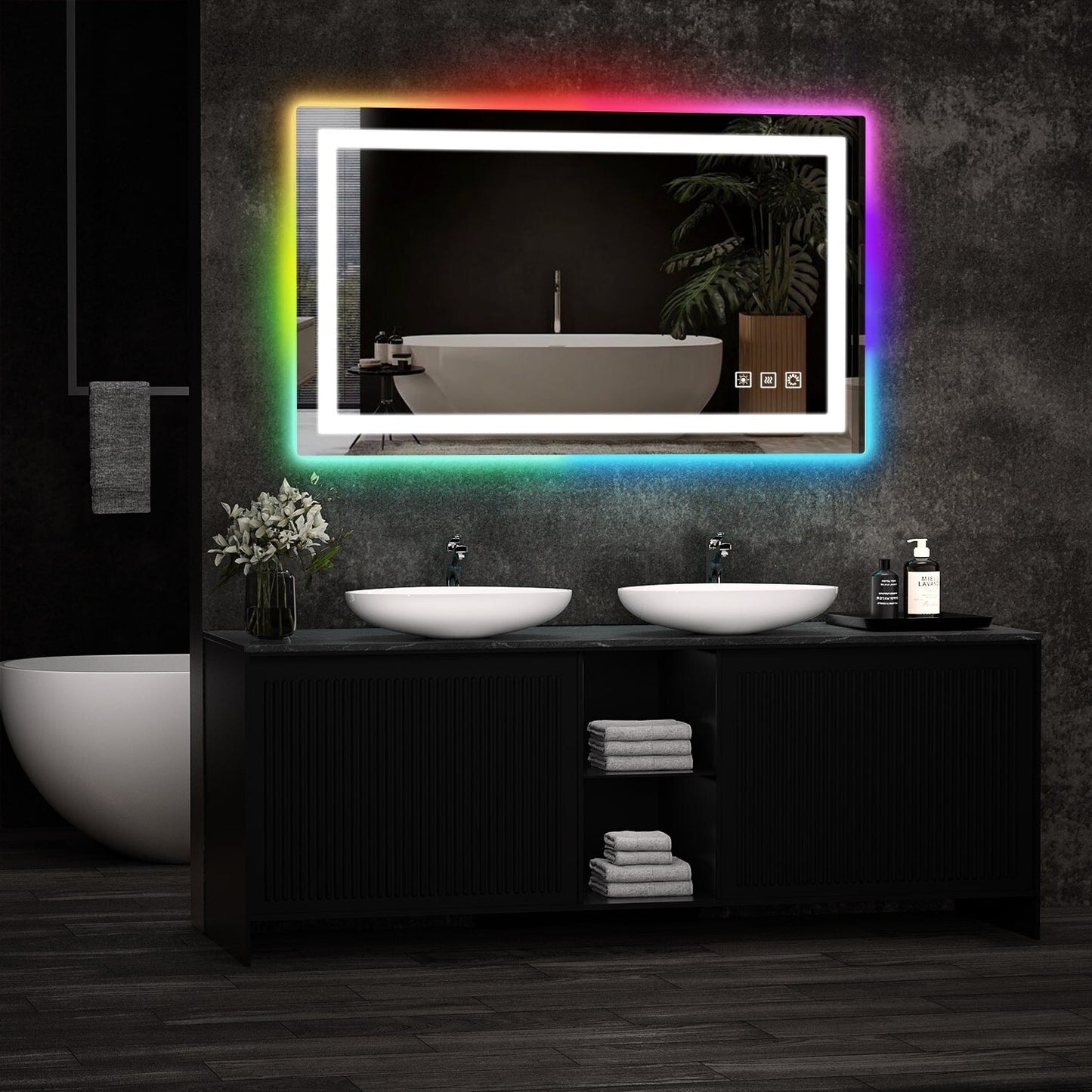 Miroir de salle de bain antibuée avec rétroéclairage RGB et éclairage LED frontal
