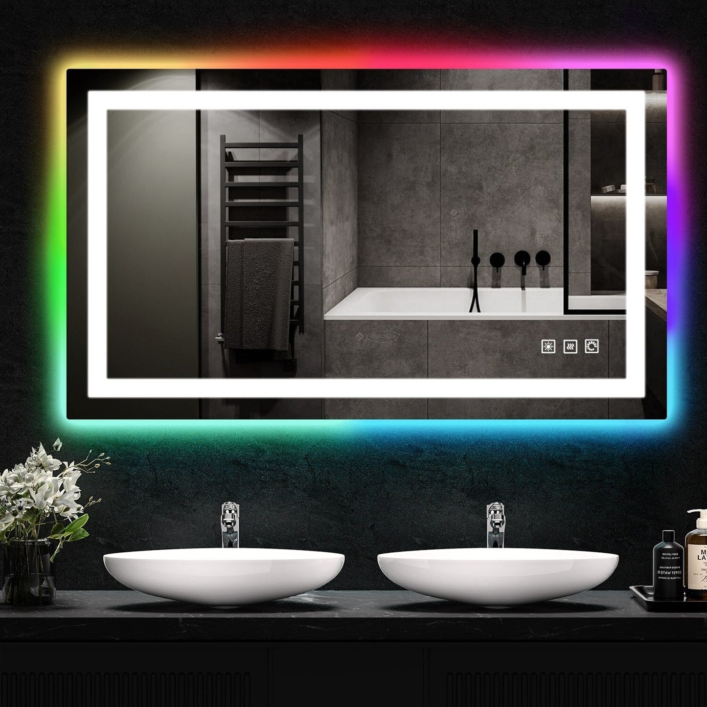 Miroir de salle de bain antibuée avec rétroéclairage RGB et éclairage LED frontal