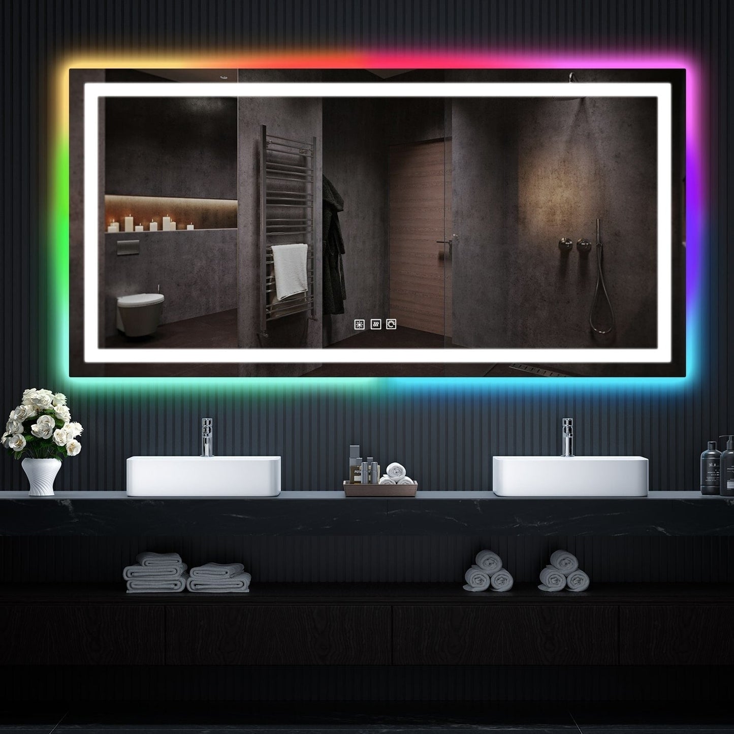 Miroir de salle de bain antibuée avec rétroéclairage RGB et éclairage LED frontal