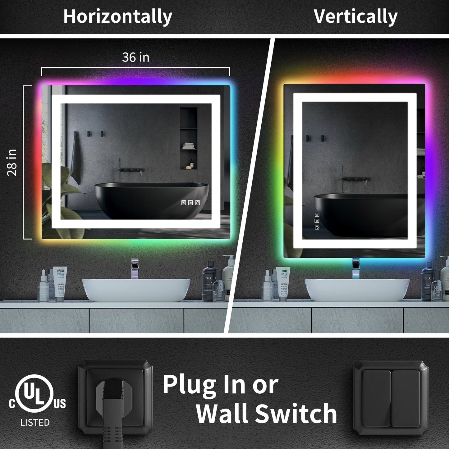 Miroir de salle de bain antibuée avec rétroéclairage RGB et éclairage LED frontal
