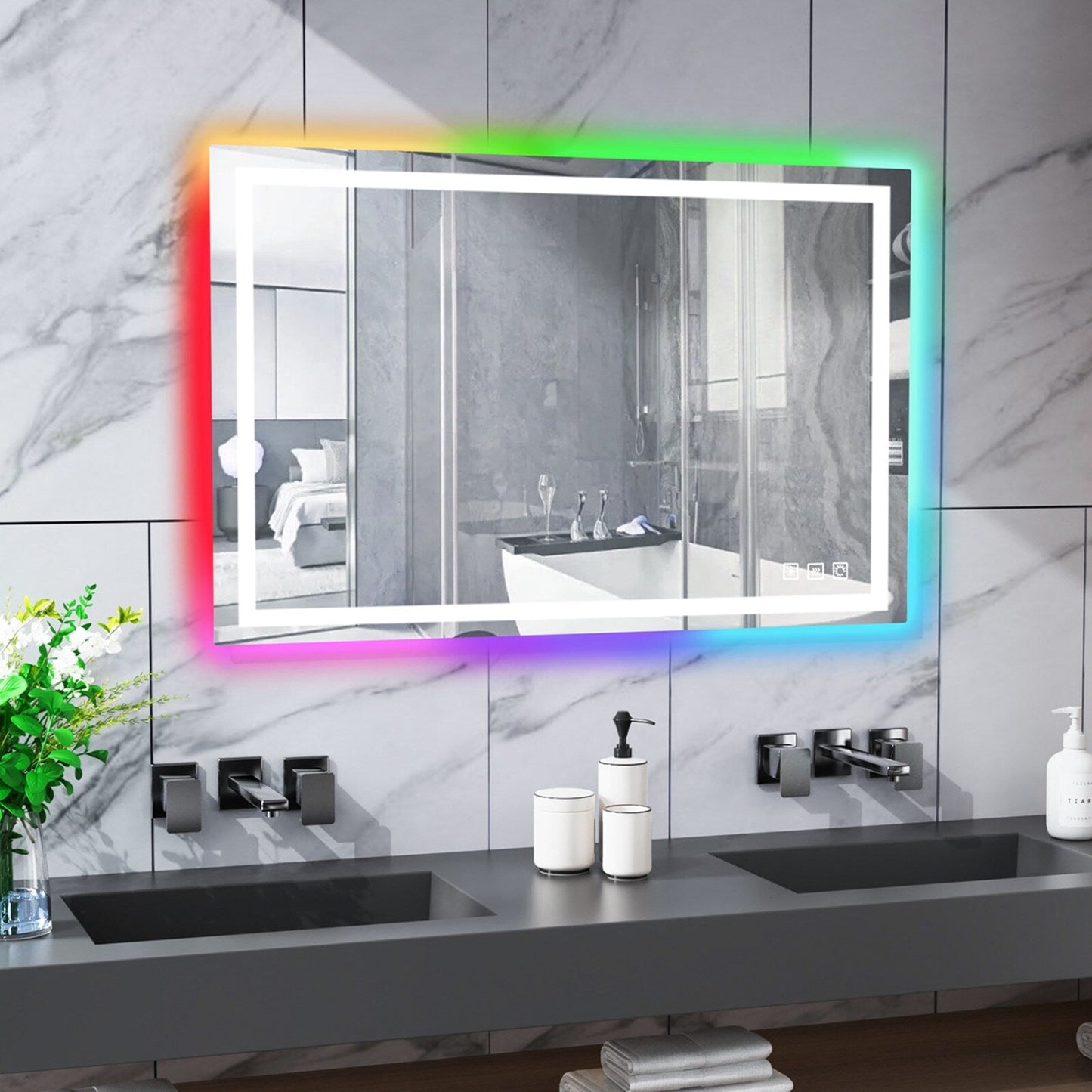 Miroir de salle de bain antibuée avec rétroéclairage RGB et éclairage LED frontal
