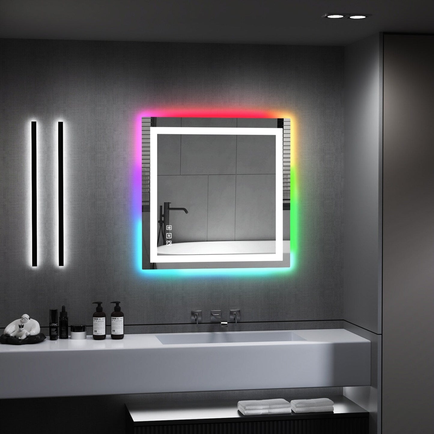Miroir de salle de bain antibuée avec rétroéclairage RGB et éclairage LED frontal