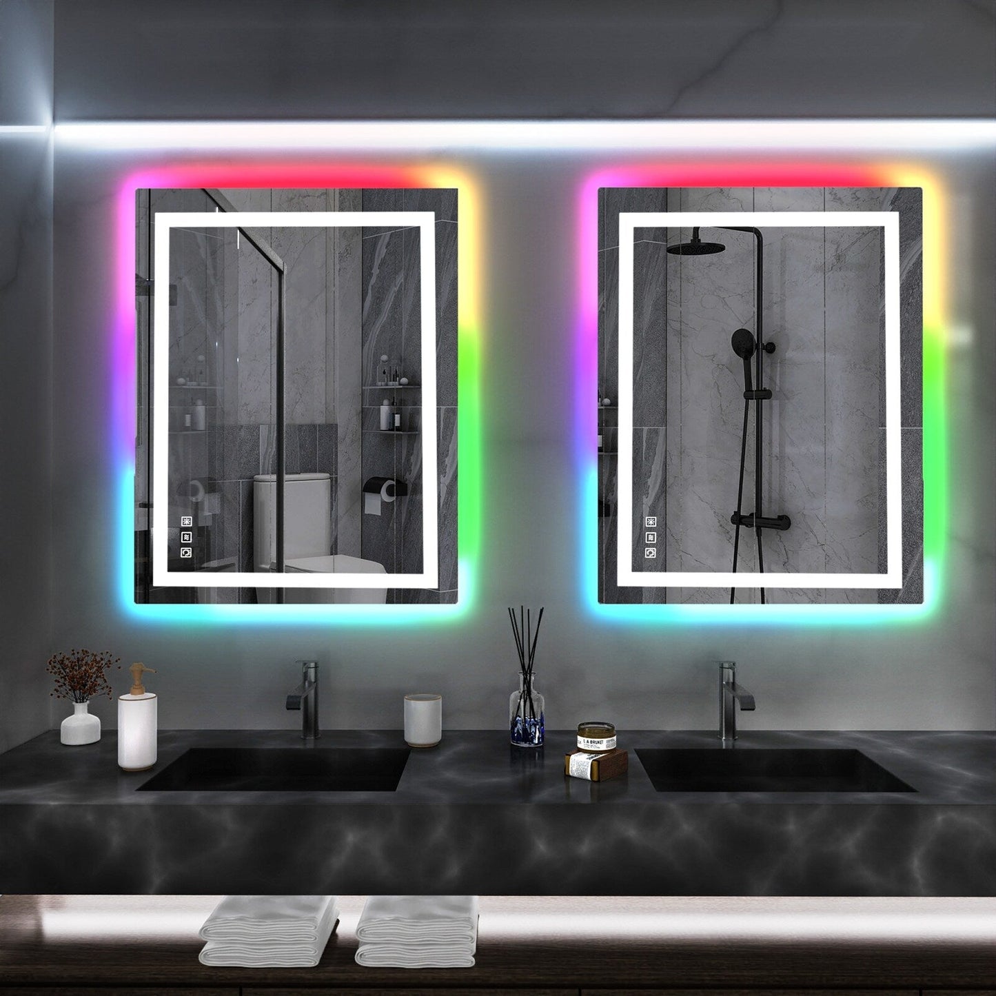 Miroir de salle de bain antibuée avec rétroéclairage RGB et éclairage LED frontal