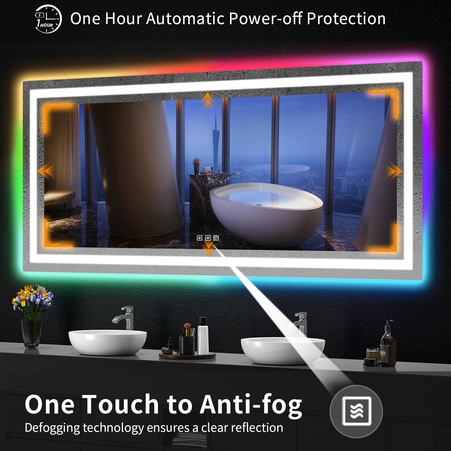 Miroir de salle de bain antibuée avec rétroéclairage RGB et éclairage LED frontal