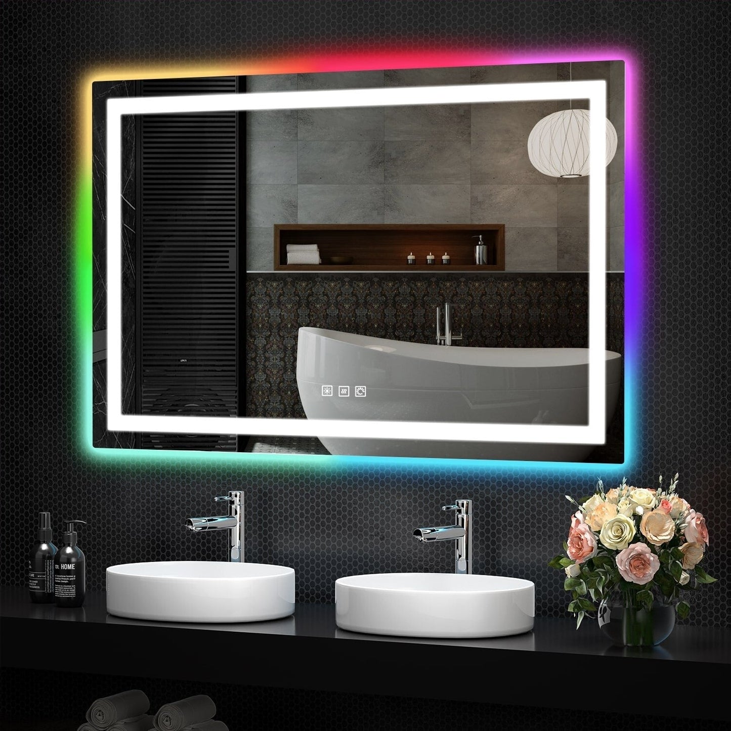 Miroir de salle de bain antibuée avec rétroéclairage RGB et éclairage LED frontal