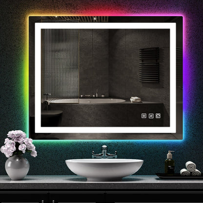 Miroir de salle de bain antibuée avec rétroéclairage RGB et éclairage LED frontal