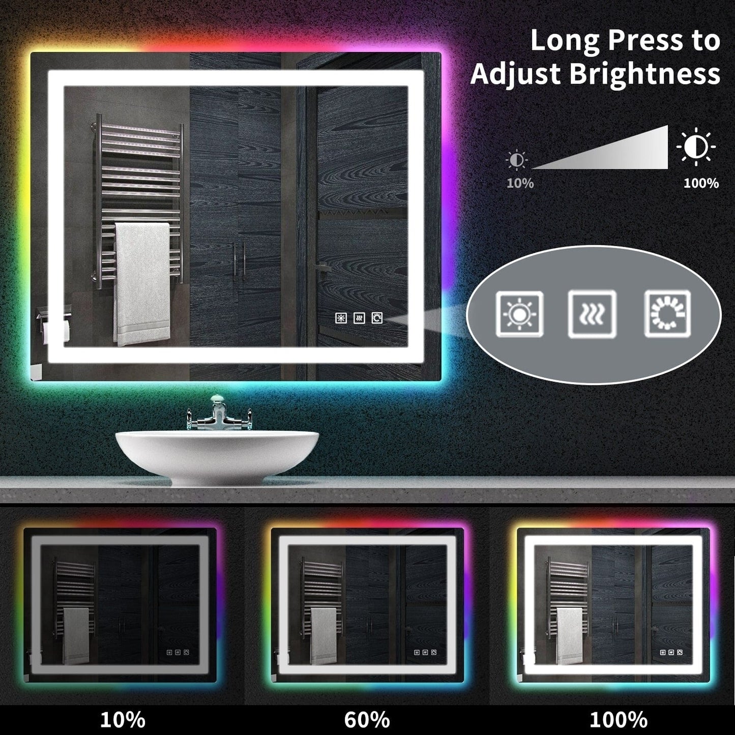 Miroir de salle de bain antibuée avec rétroéclairage RGB et éclairage LED frontal