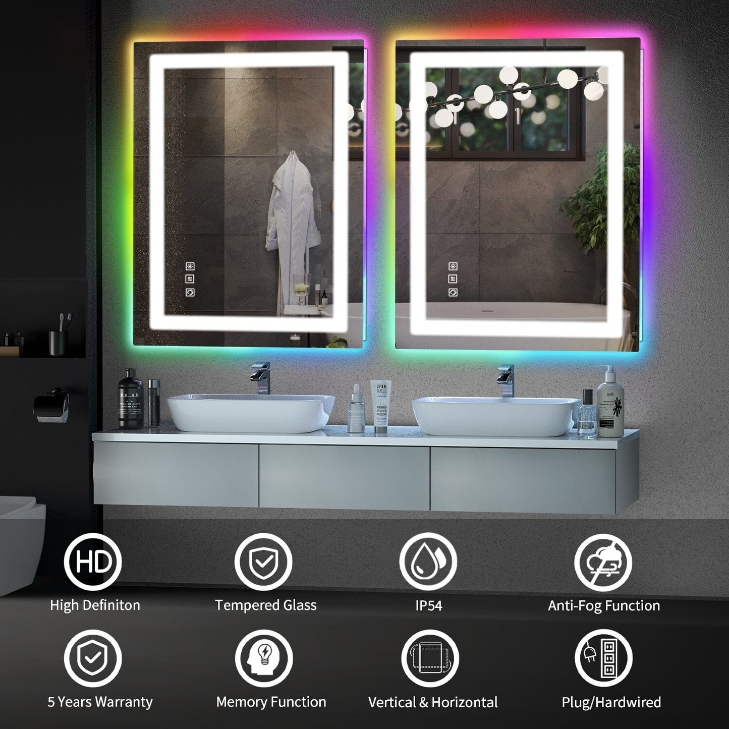 Miroir de salle de bain antibuée avec rétroéclairage RGB et éclairage LED frontal