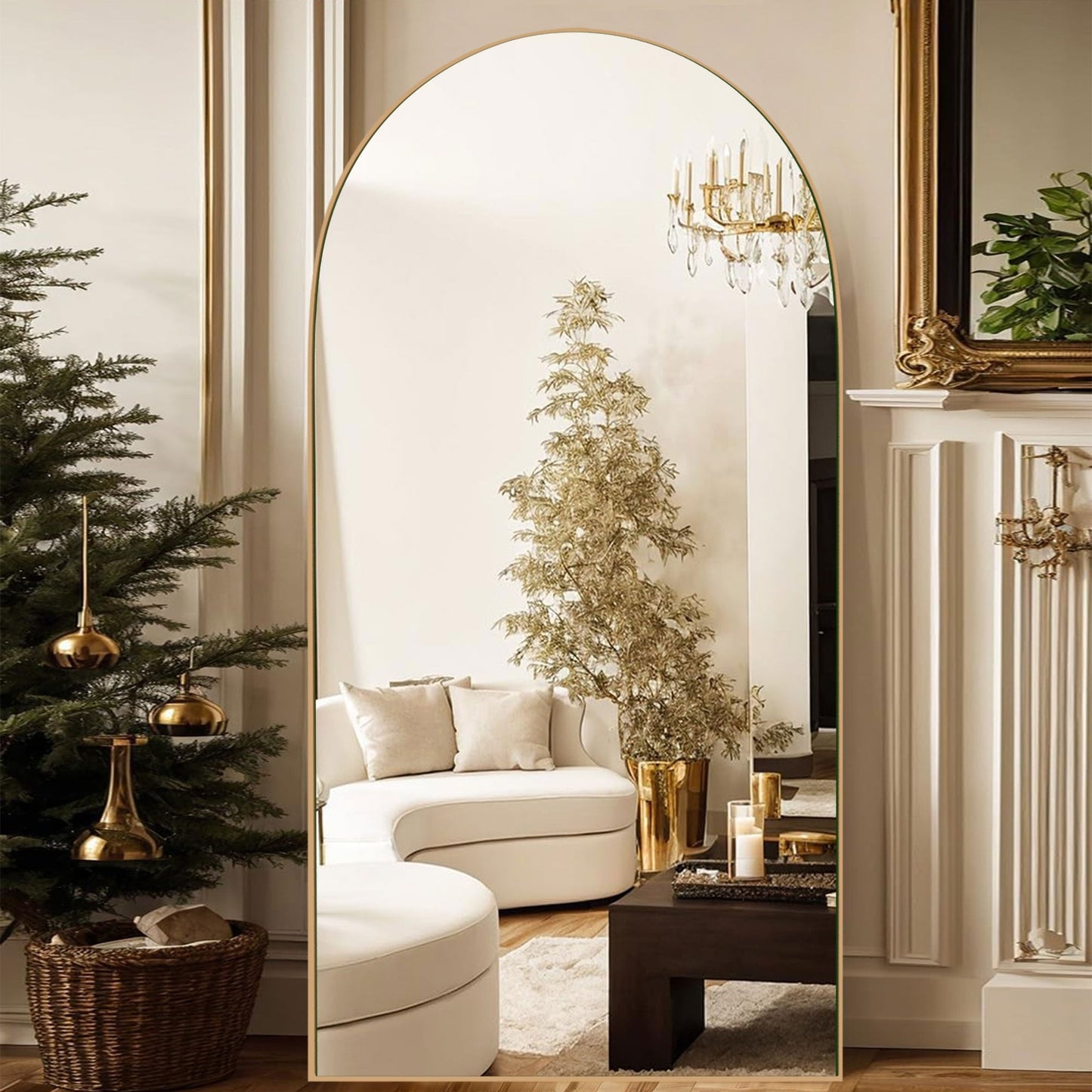 Grand miroir de sol en bois avec arche, miroir mural