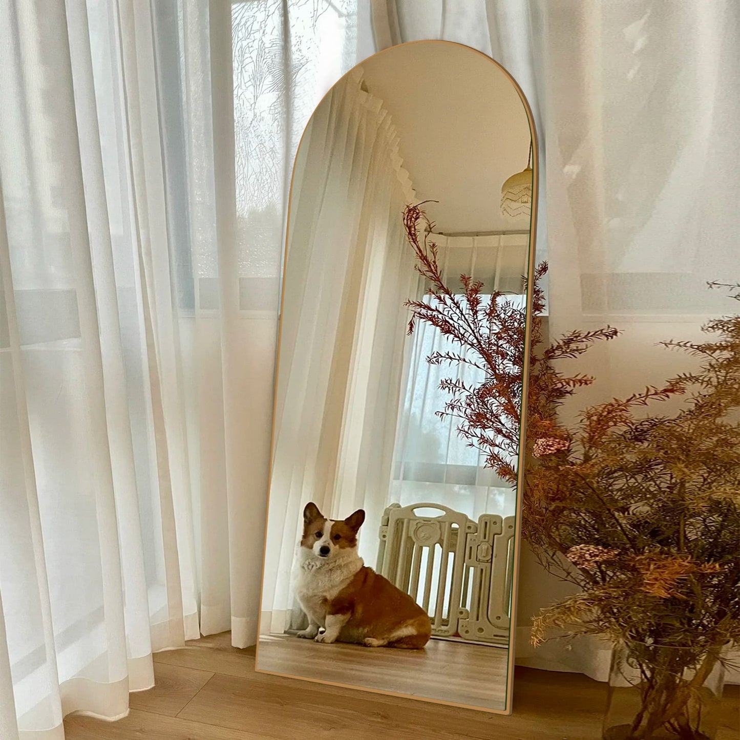 Grand miroir de sol en bois avec arche, miroir mural