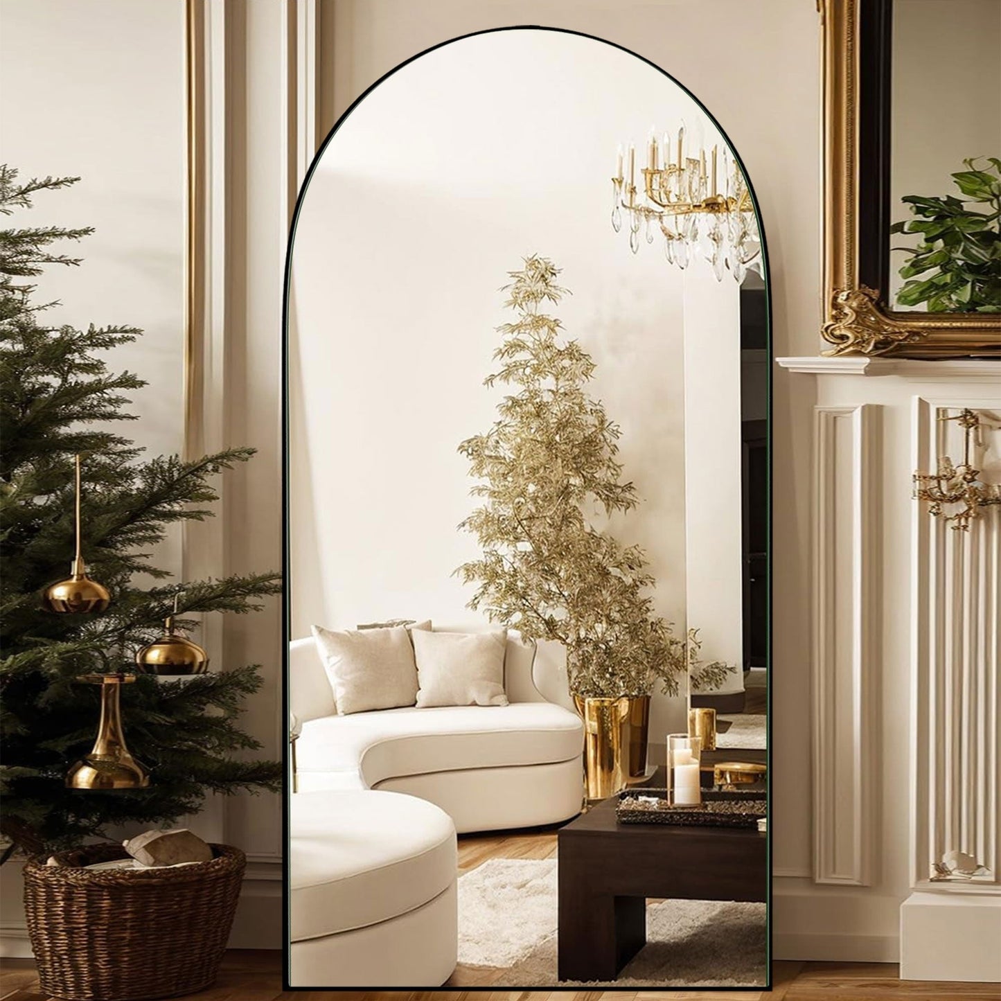 Grand miroir de sol en bois avec arche, miroir mural