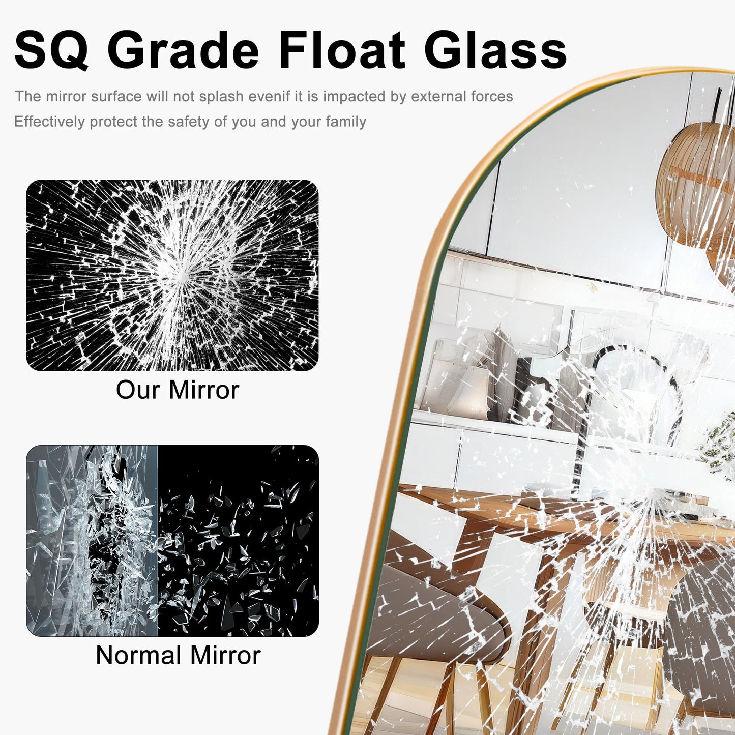 Grand miroir de sol en bois avec arche, miroir mural