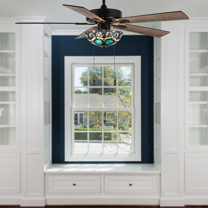 Ventilateur de plafond Astrid River of Goods à 3 pales, bronze huilé multicolore et verre teinté, 52 pouces - 52 x 52 x 14,75/19,75