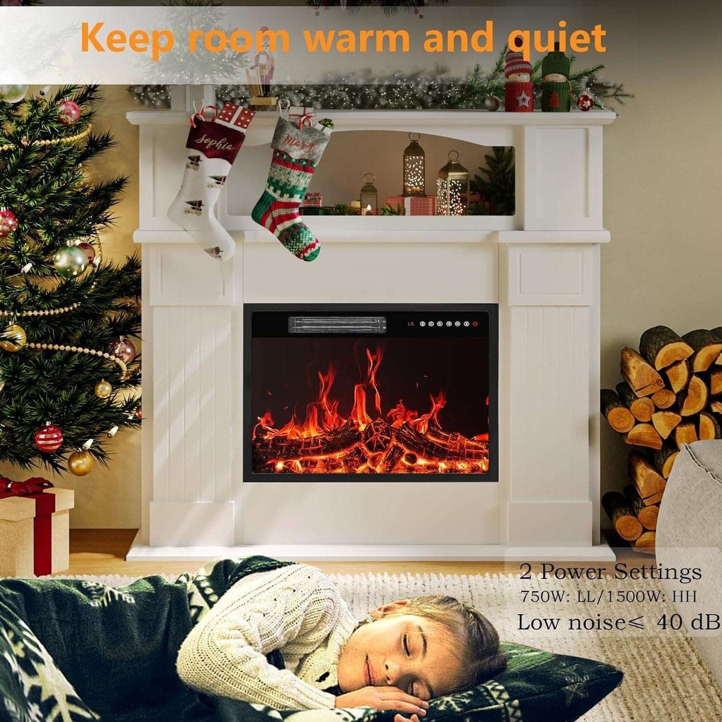 BOSSIN Cheminée électrique 43 pouces avec manteau de cheminée, insert de cheminée électrique 23 pouces, meuble TV indépendant avec foyer en bois