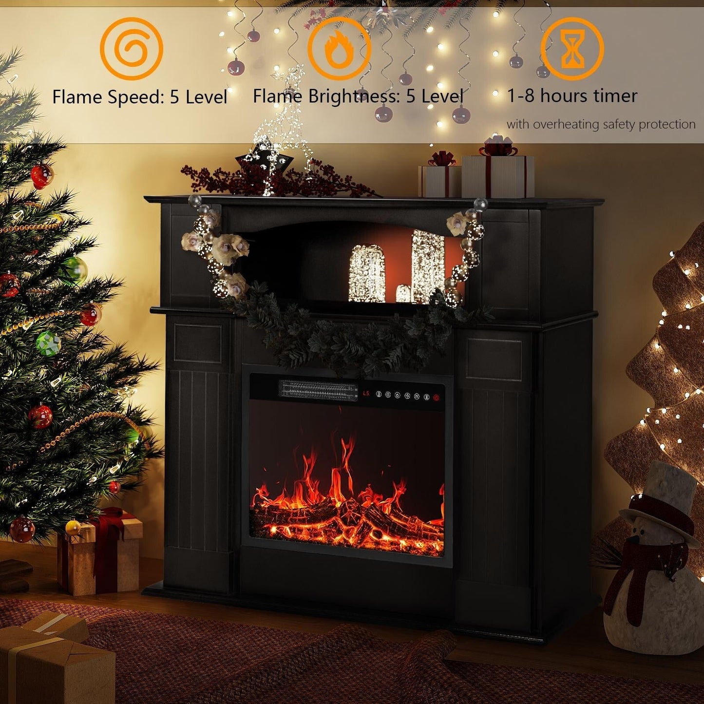 BOSSIN Cheminée électrique 43 pouces avec manteau de cheminée, insert de cheminée électrique 23 pouces, meuble TV indépendant avec foyer en bois