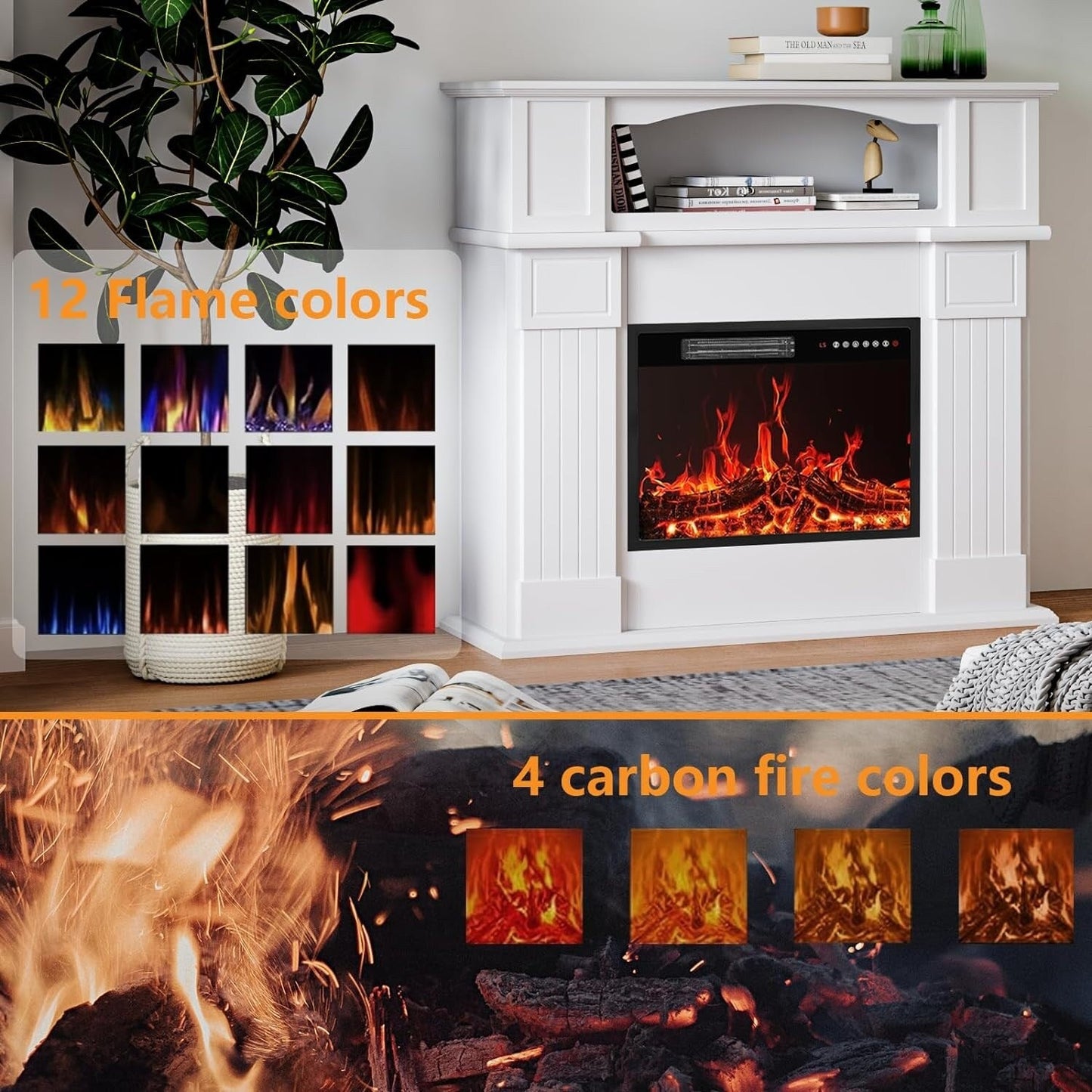 BOSSIN Cheminée électrique 43 pouces avec manteau de cheminée, insert de cheminée électrique 23 pouces, meuble TV indépendant avec foyer en bois