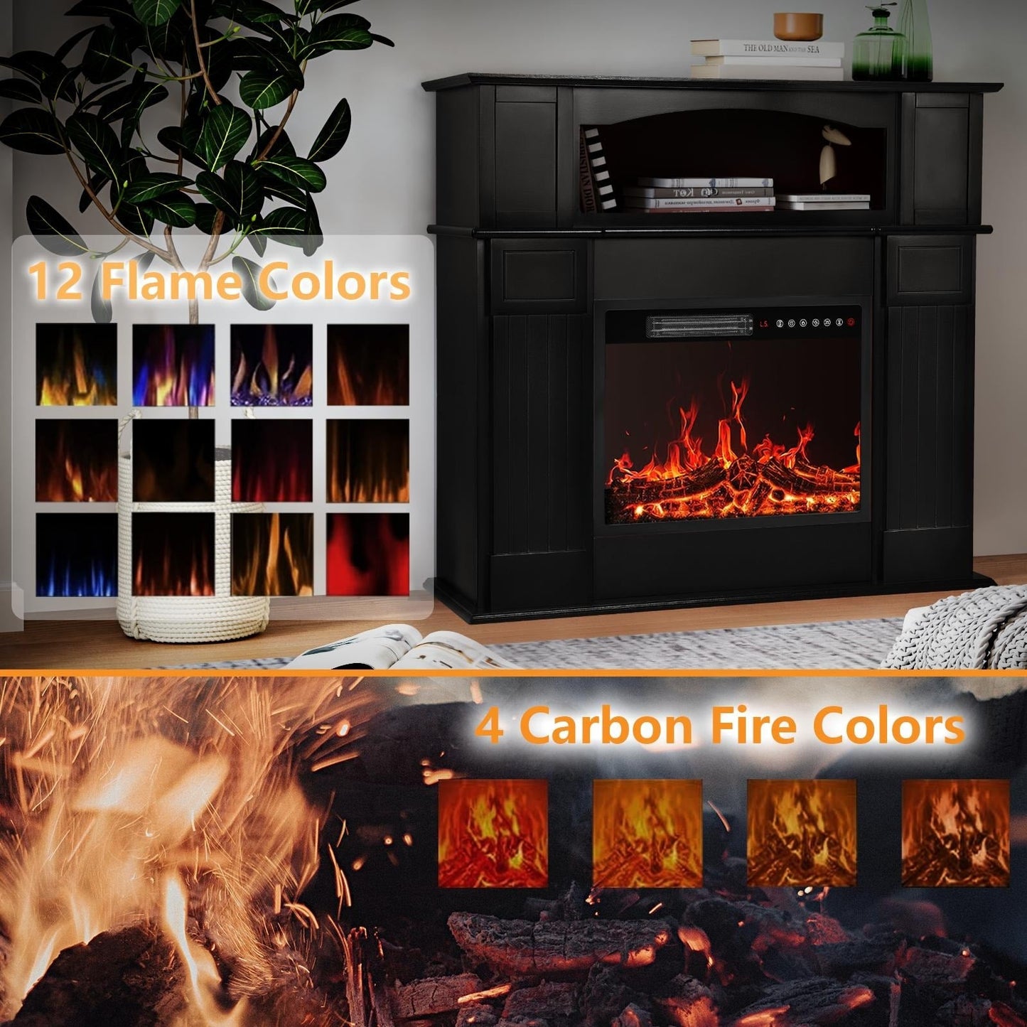 BOSSIN Cheminée électrique 43 pouces avec manteau de cheminée, insert de cheminée électrique 23 pouces, meuble TV indépendant avec foyer en bois