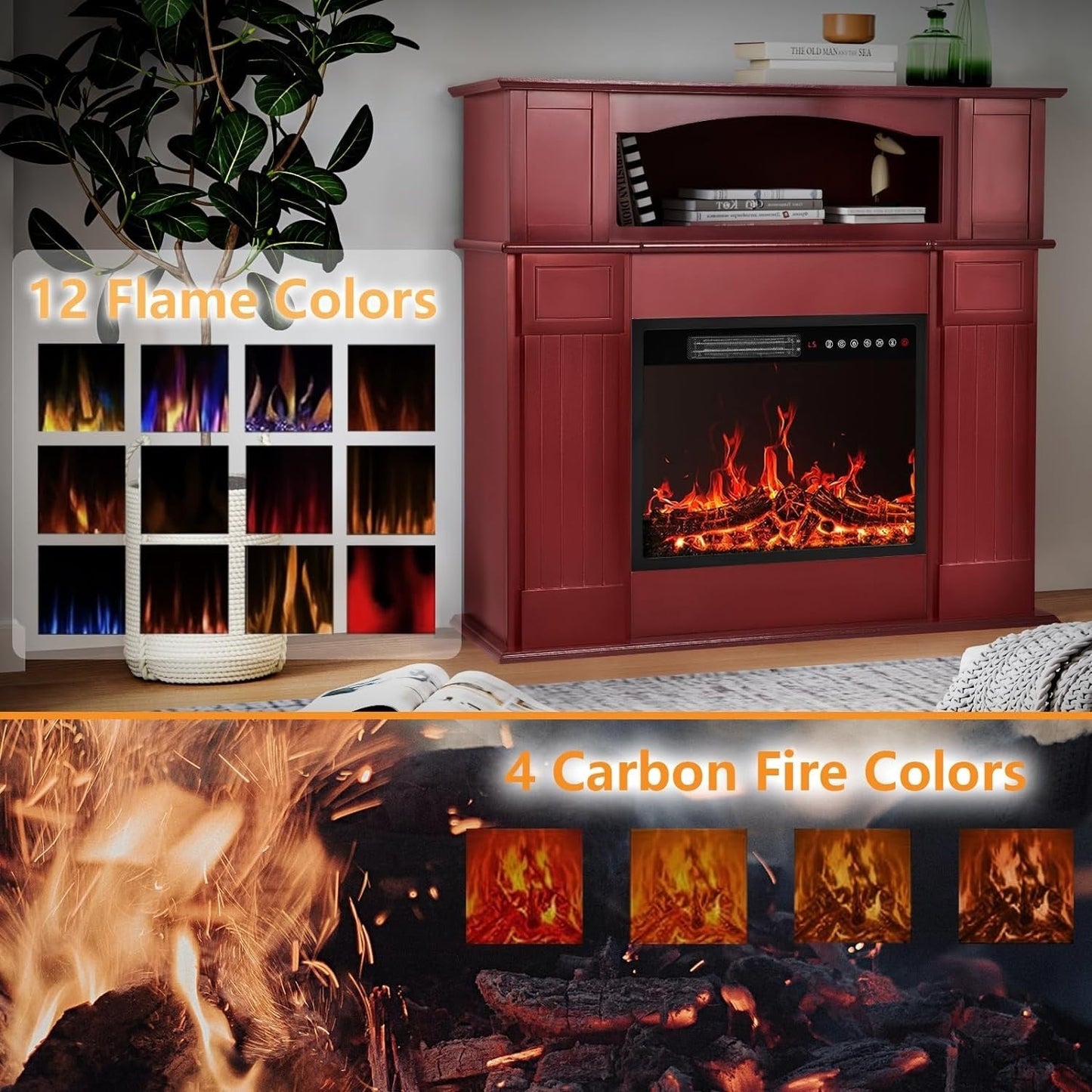 BOSSIN Cheminée électrique 43 pouces avec manteau de cheminée, insert de cheminée électrique 23 pouces, meuble TV indépendant avec foyer en bois