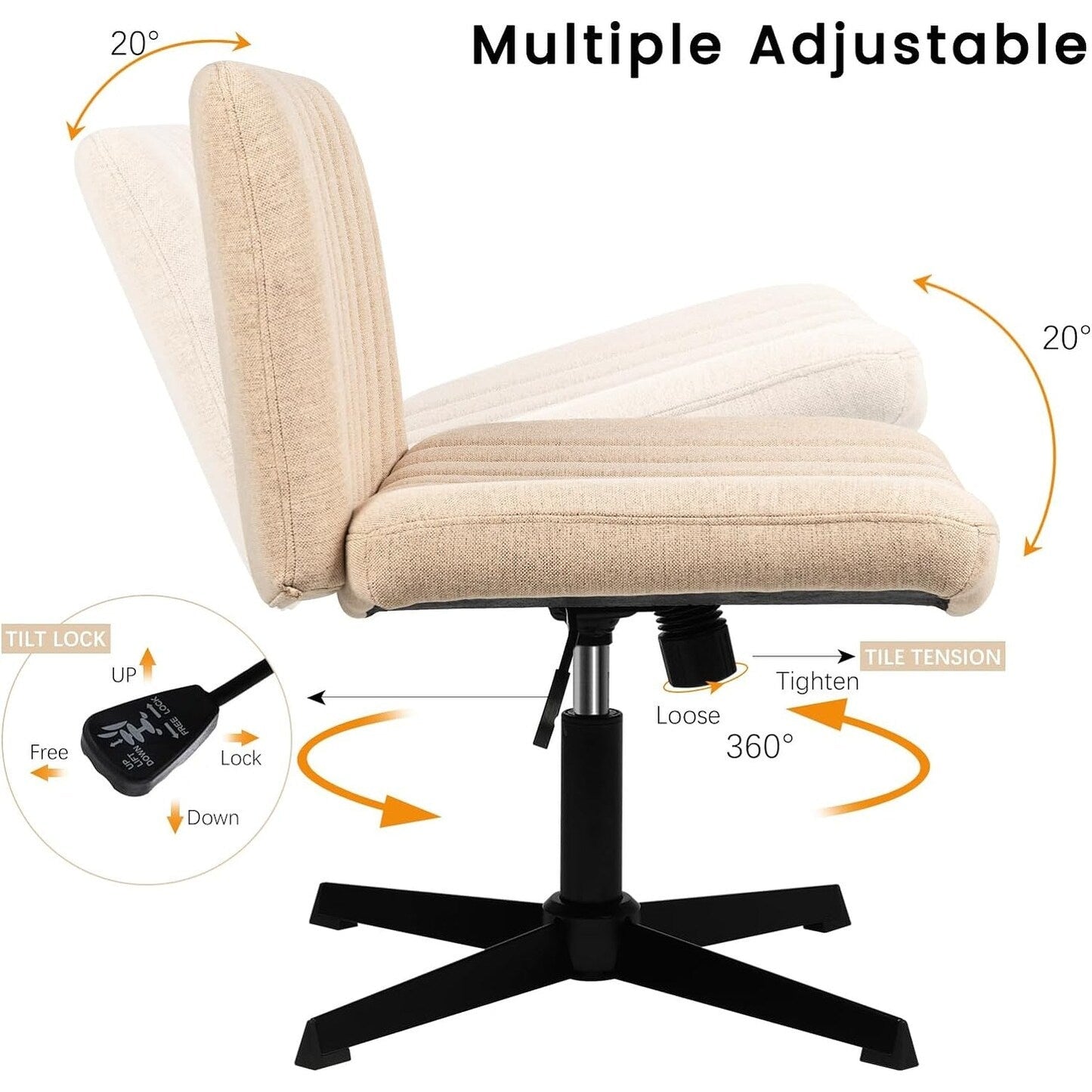 BOSSIN Criss Cross Chair Armless Office Desk Chair No Wheels,Fabric Padded Modern Swivel Vanity Chair office chair