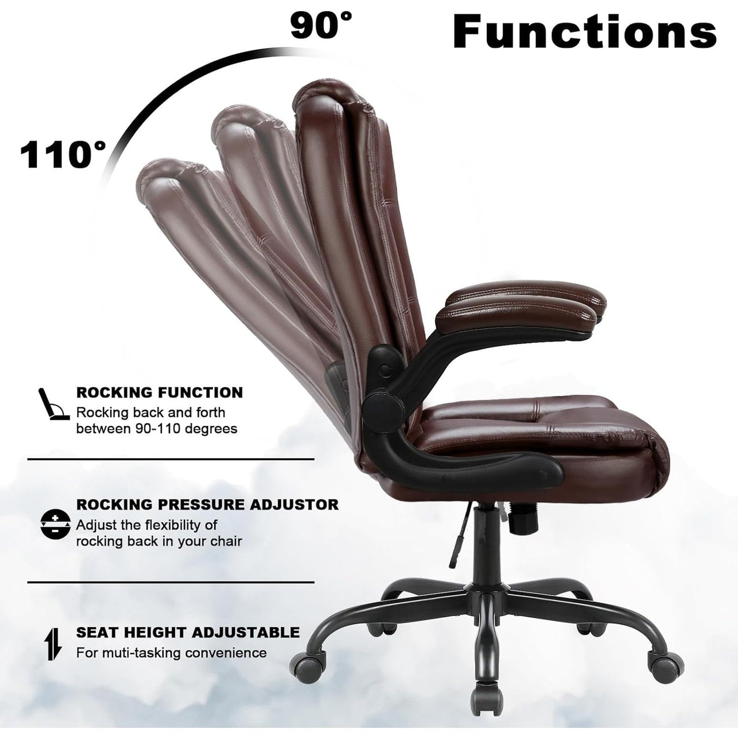 BOSSIN Big and Tall Office Chair Ergonomic High Back Computer Adjustable Height Leather Executive Chair with Padded Flip-up Arms