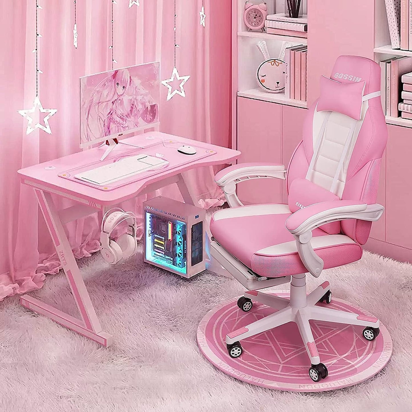 Chaise de jeu de style course BOSSIN, chaise de jeu pour joueurs grands et lourds (jusqu'à 136 kg), chaise de bureau à dossier haut.