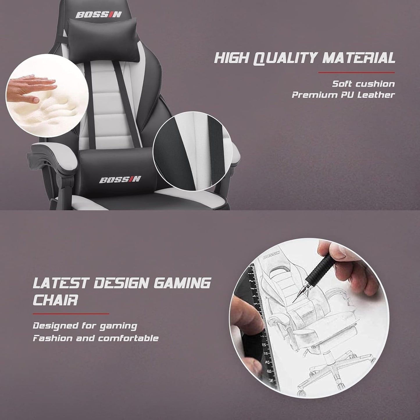 Chaise de jeu de style course BOSSIN, chaise de jeu pour joueurs grands et lourds (jusqu'à 136 kg), chaise de bureau à dossier haut.