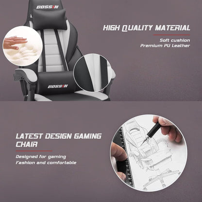 Chaise de jeu de style course BOSSIN, chaise de jeu pour joueurs grands et lourds (jusqu'à 136 kg), chaise de bureau à dossier haut.