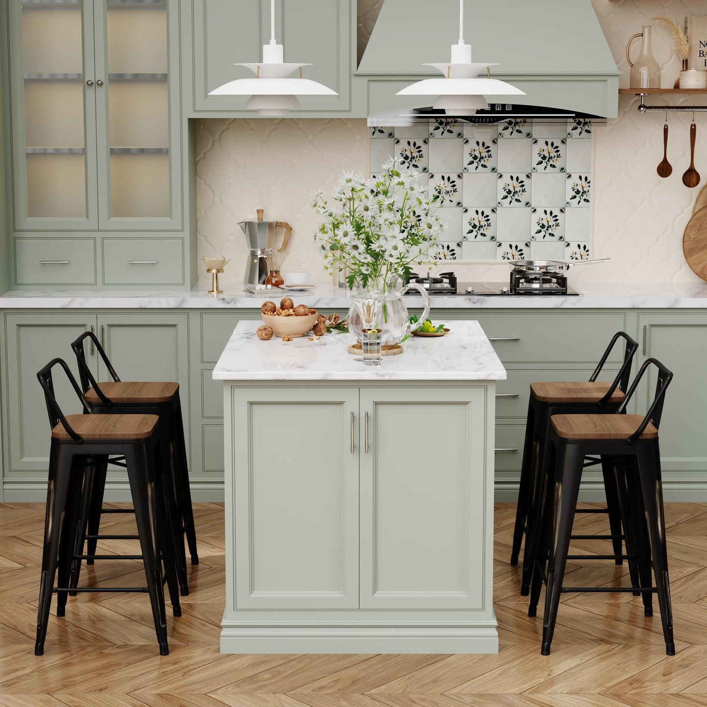 Tabourets de bar avec dossier, lot de 4, tabourets de bar industriels en métal avec assises en bois