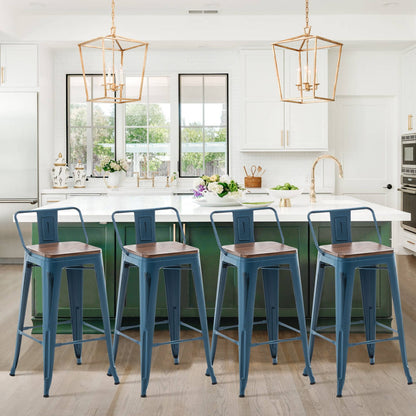 Tabourets de bar avec dossier, lot de 4, tabourets de bar industriels en métal avec assises en bois