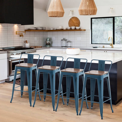 Tabourets de bar avec dossier, lot de 4, tabourets de bar industriels en métal avec assises en bois