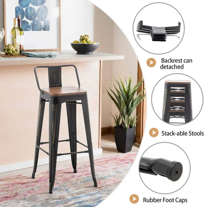 Tabourets de bar avec dossier, lot de 4, tabourets de bar industriels en métal avec assises en bois