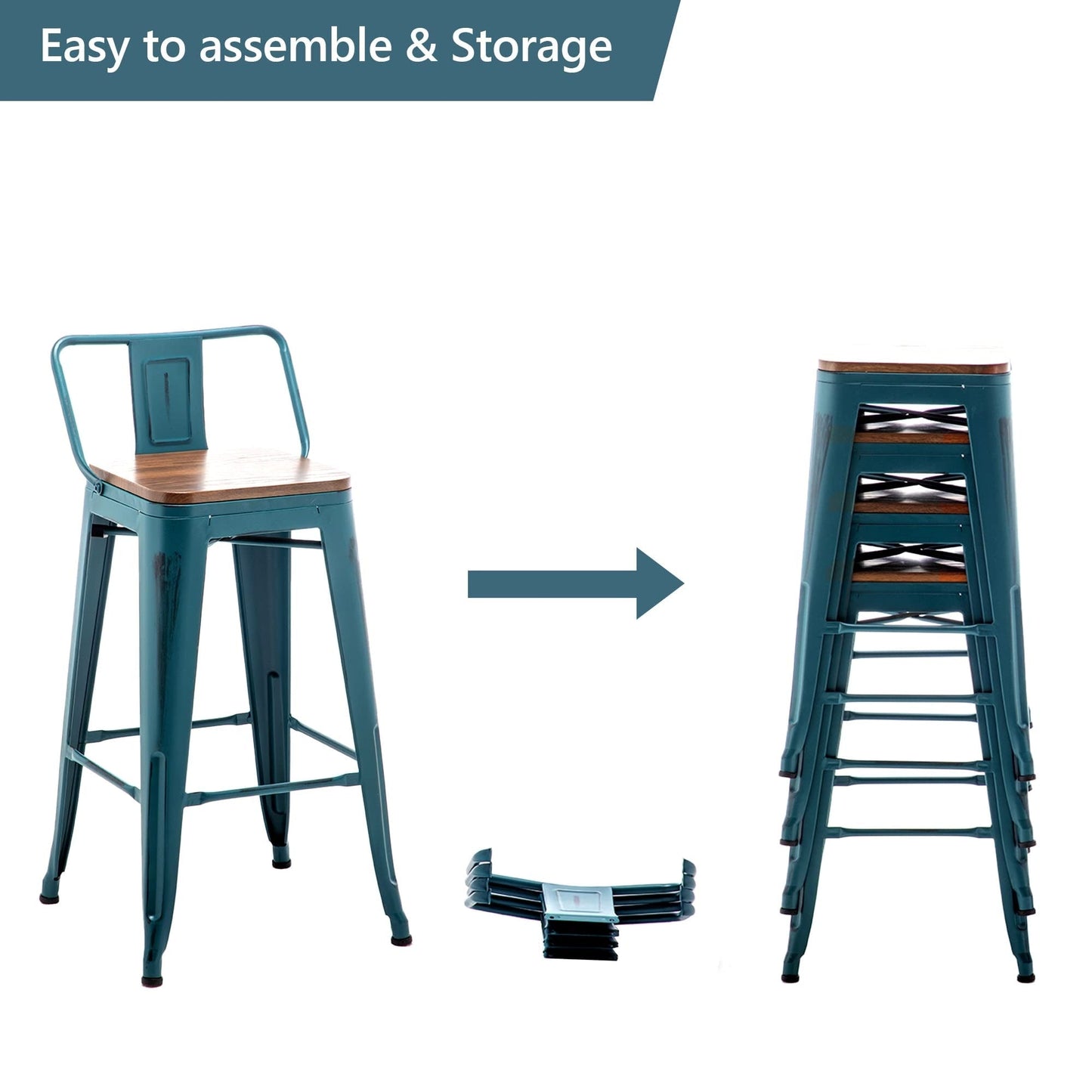 Tabourets de bar avec dossier, lot de 4, tabourets de bar industriels en métal avec assises en bois