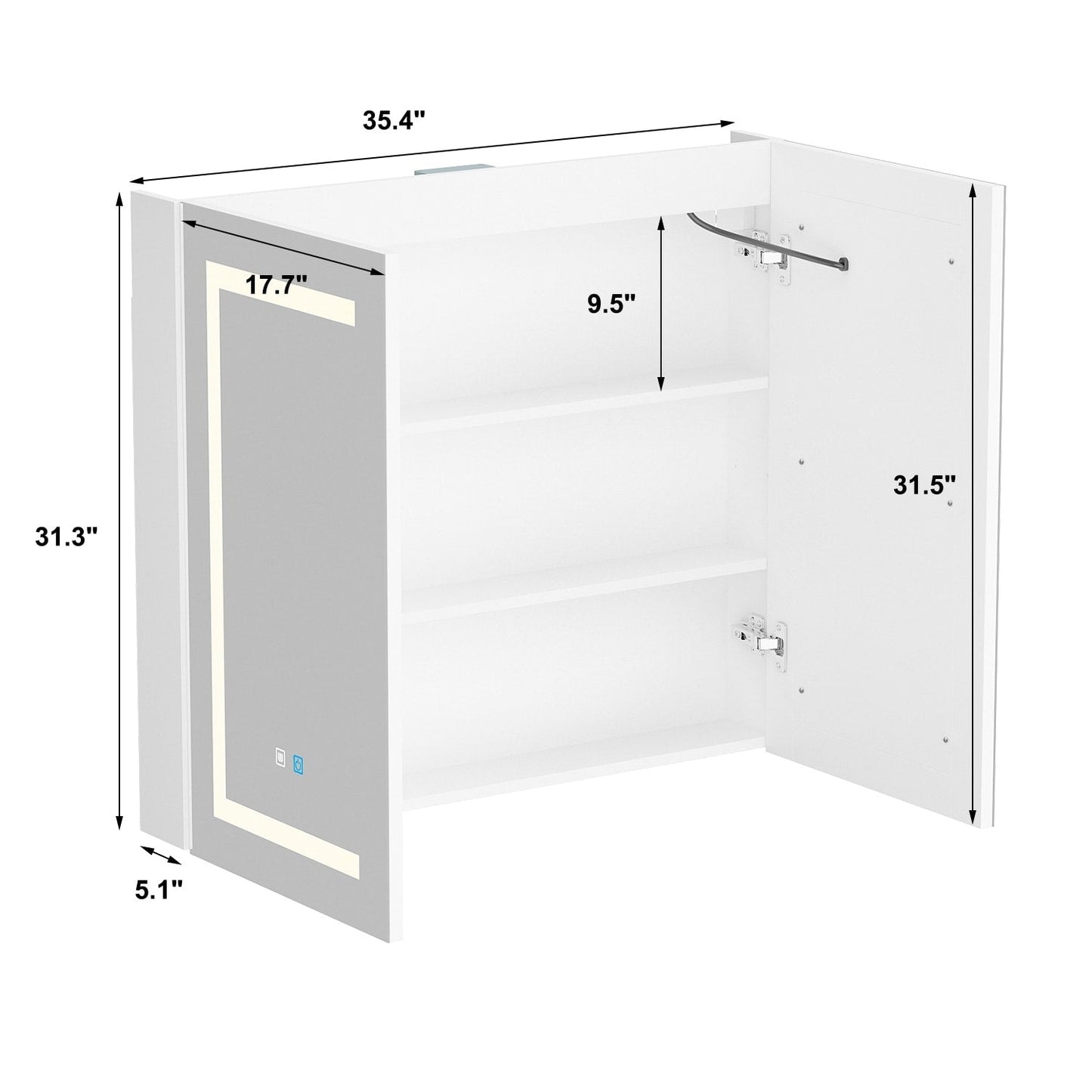 Armoire à pharmacie de salle de bain avec miroir LED anti-buée 6000K, armoire murale blanche.