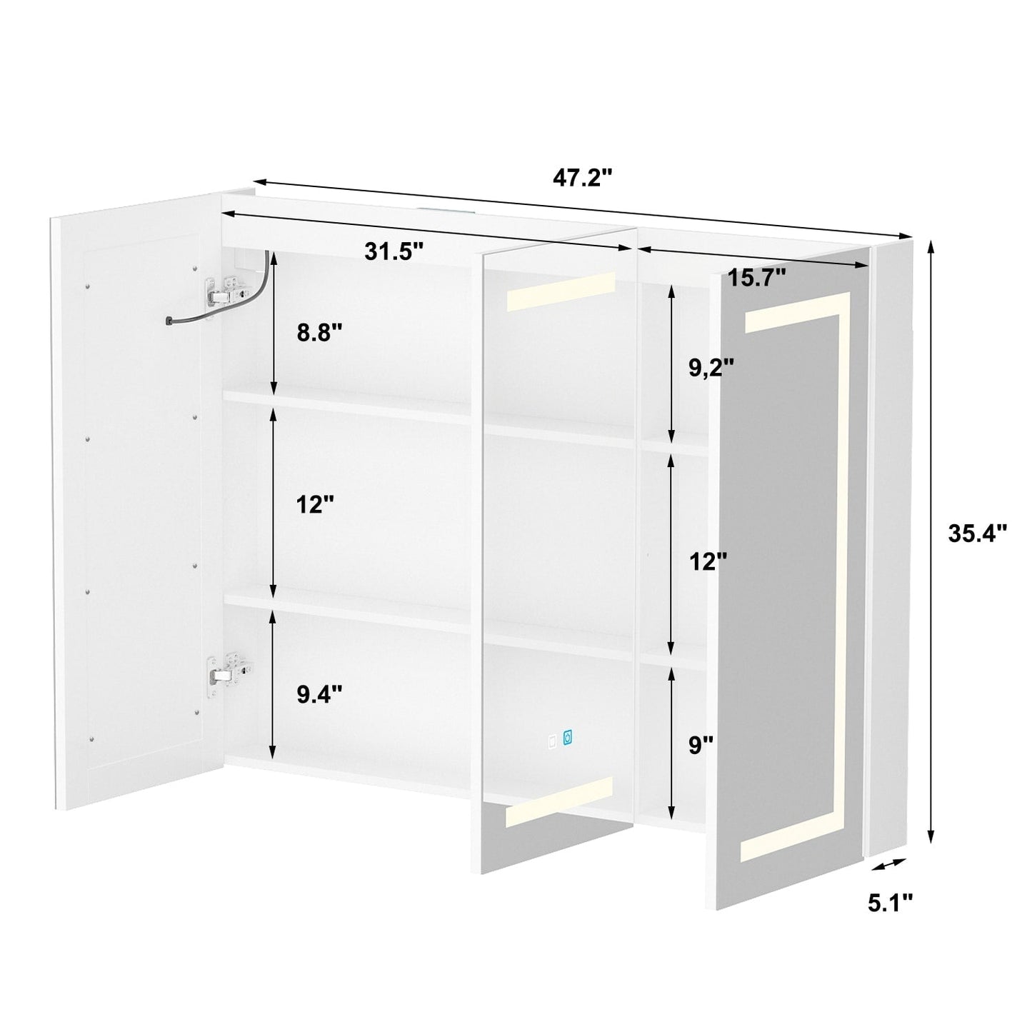 Armoire à pharmacie de salle de bain avec miroir LED anti-buée 6000K, armoire murale blanche.