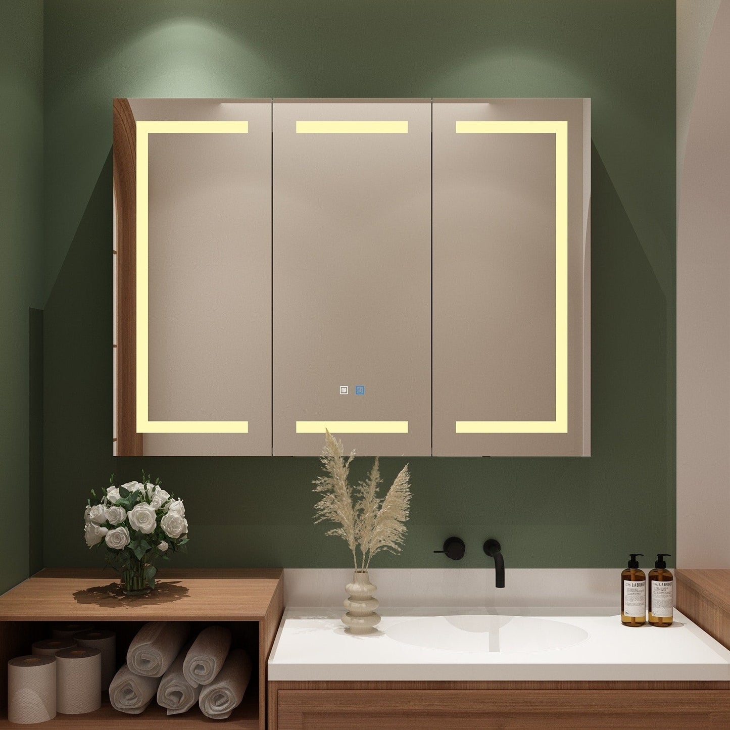 Armoire à pharmacie de salle de bain avec miroir LED anti-buée 6000K, armoire murale blanche.