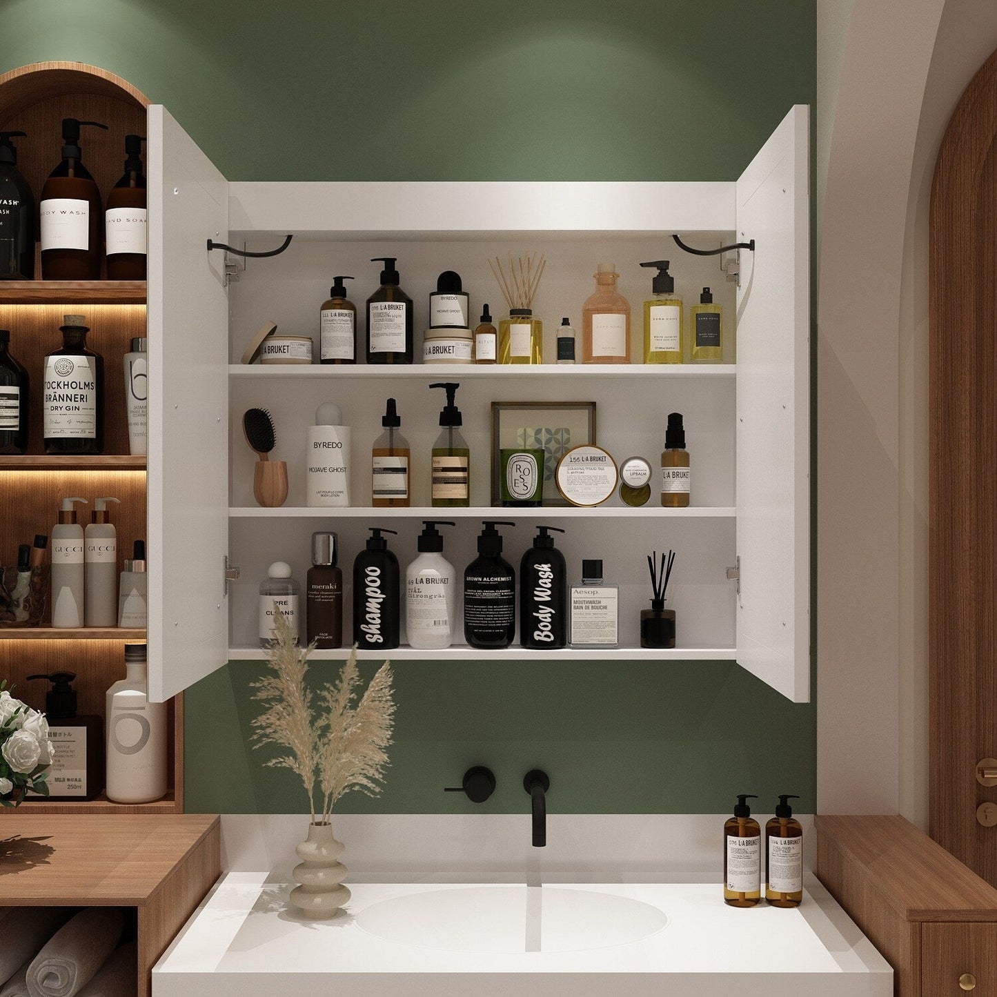 Armoire à pharmacie de salle de bain avec miroir LED anti-buée 6000K, armoire murale blanche.