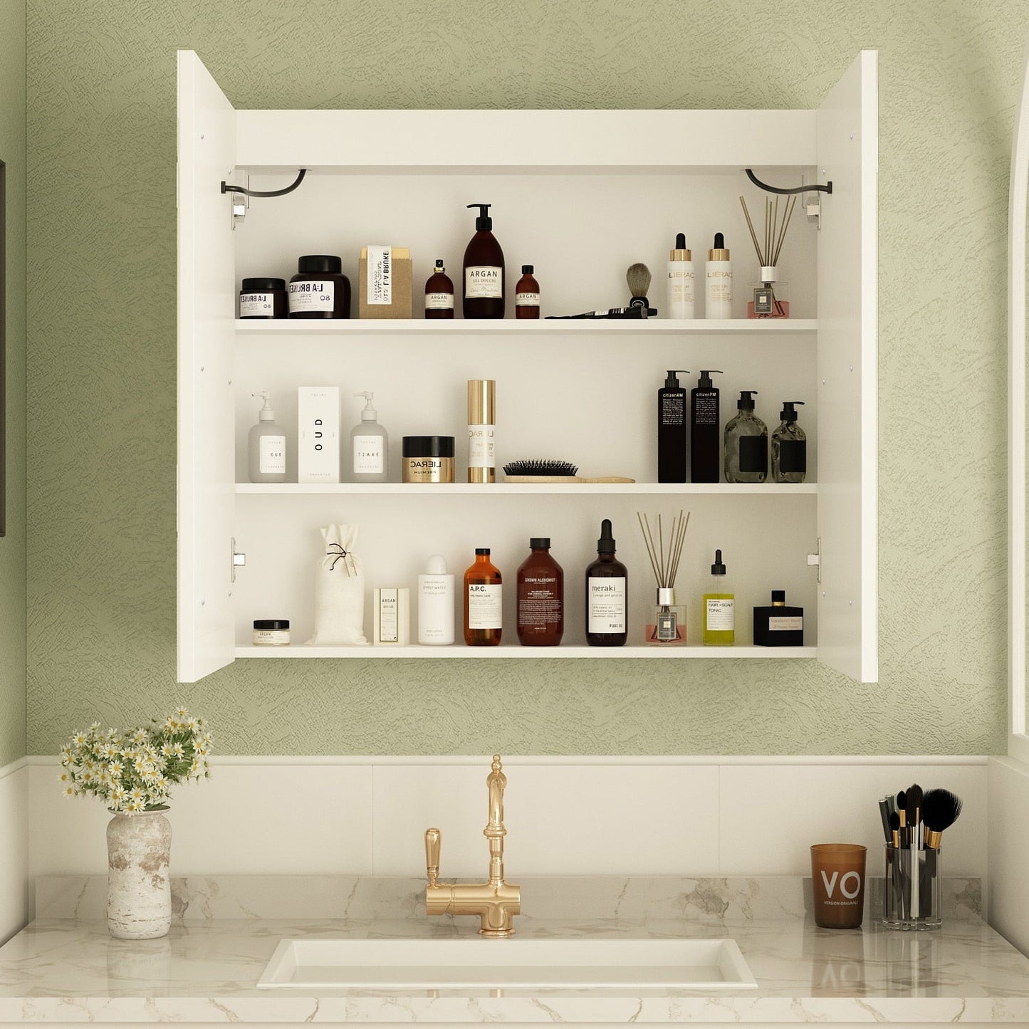 Armoire à pharmacie de salle de bain avec miroir LED anti-buée 6000K, armoire murale blanche.