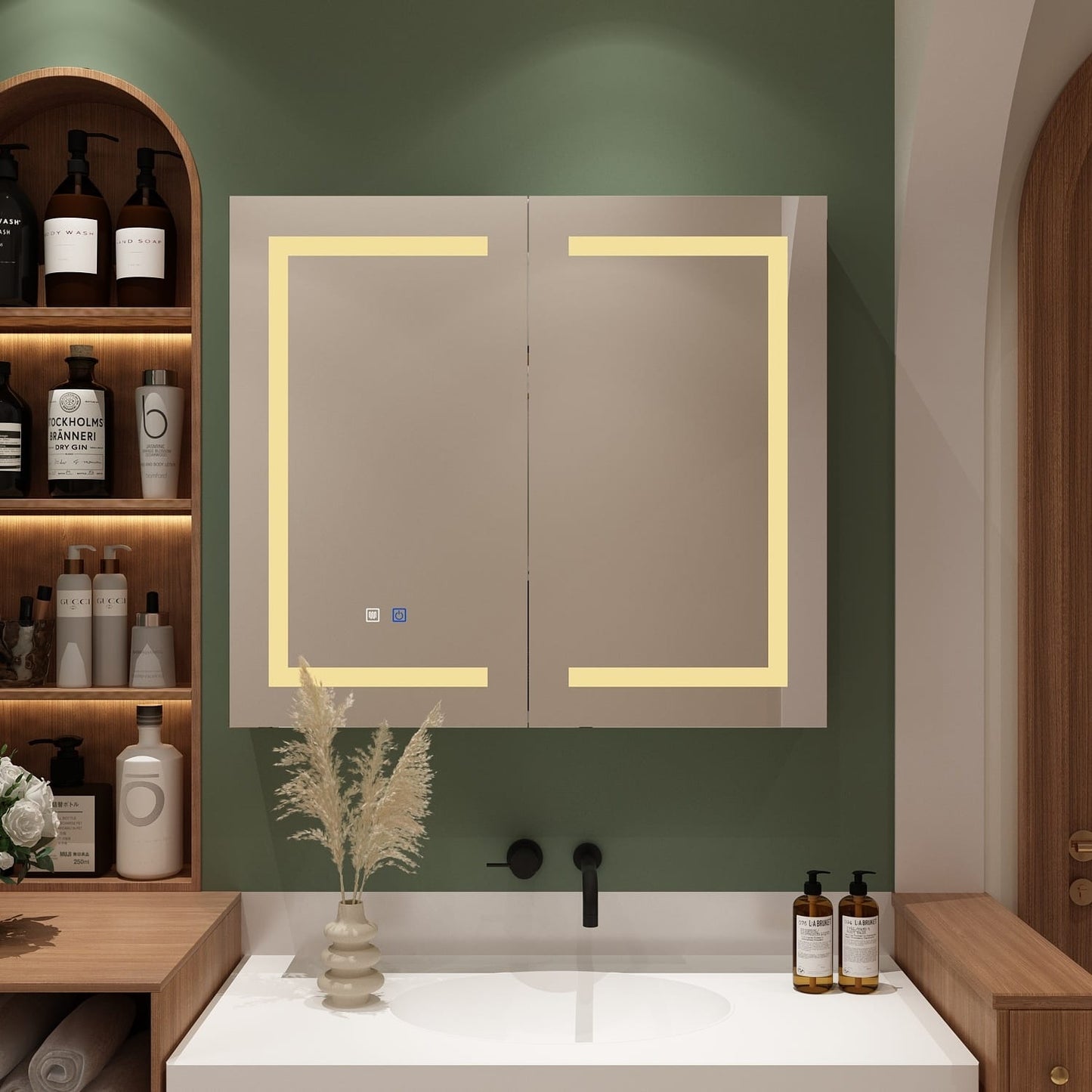 Armoire à pharmacie de salle de bain avec miroir LED anti-buée 6000K, armoire murale blanche.
