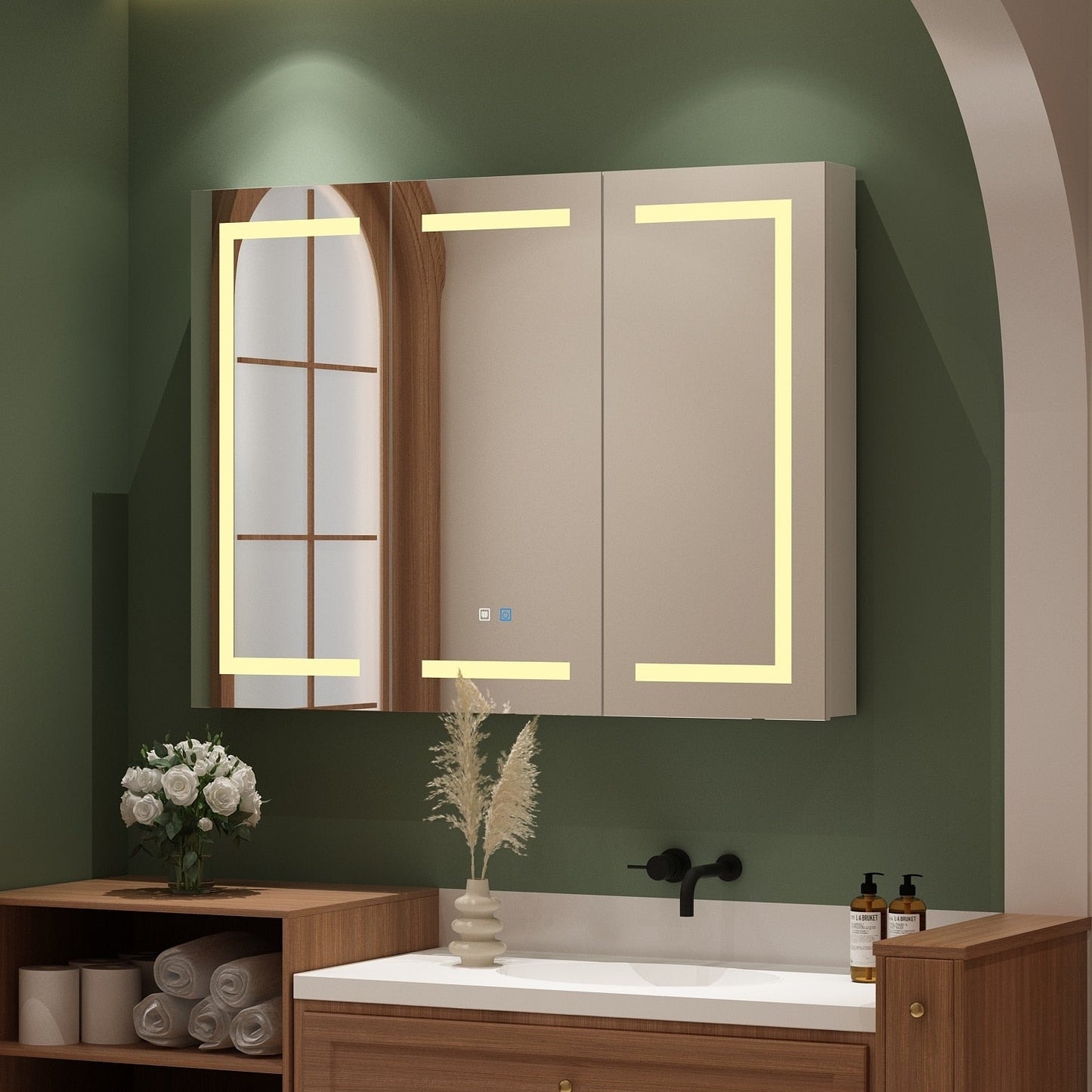 Armoire à pharmacie de salle de bain avec miroir LED anti-buée 6000K, armoire murale blanche.