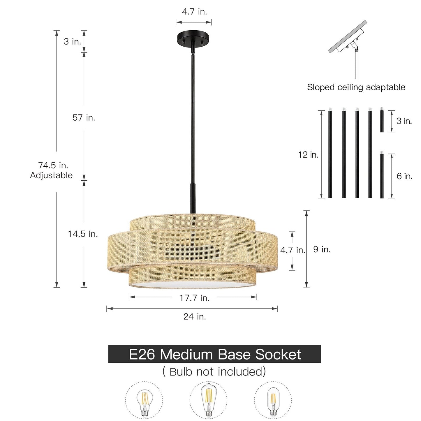 Luminaire à suspension à 5 lumières Bayou, style côtier, noir, avec abat-jour double en rotin - 61 cm de largeur