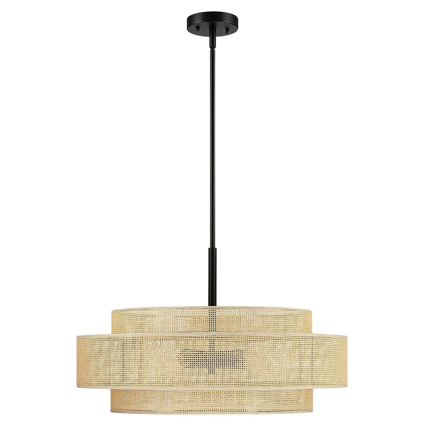 Luminaire à suspension à 5 lumières Bayou, style côtier, noir, avec abat-jour double en rotin - 61 cm de largeur