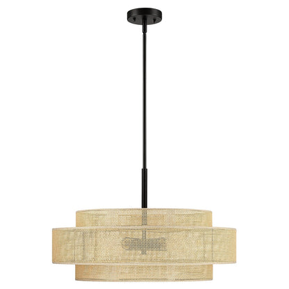 Luminaire à suspension à 5 lumières Bayou, style côtier, noir, avec abat-jour double en rotin - 61 cm de largeur