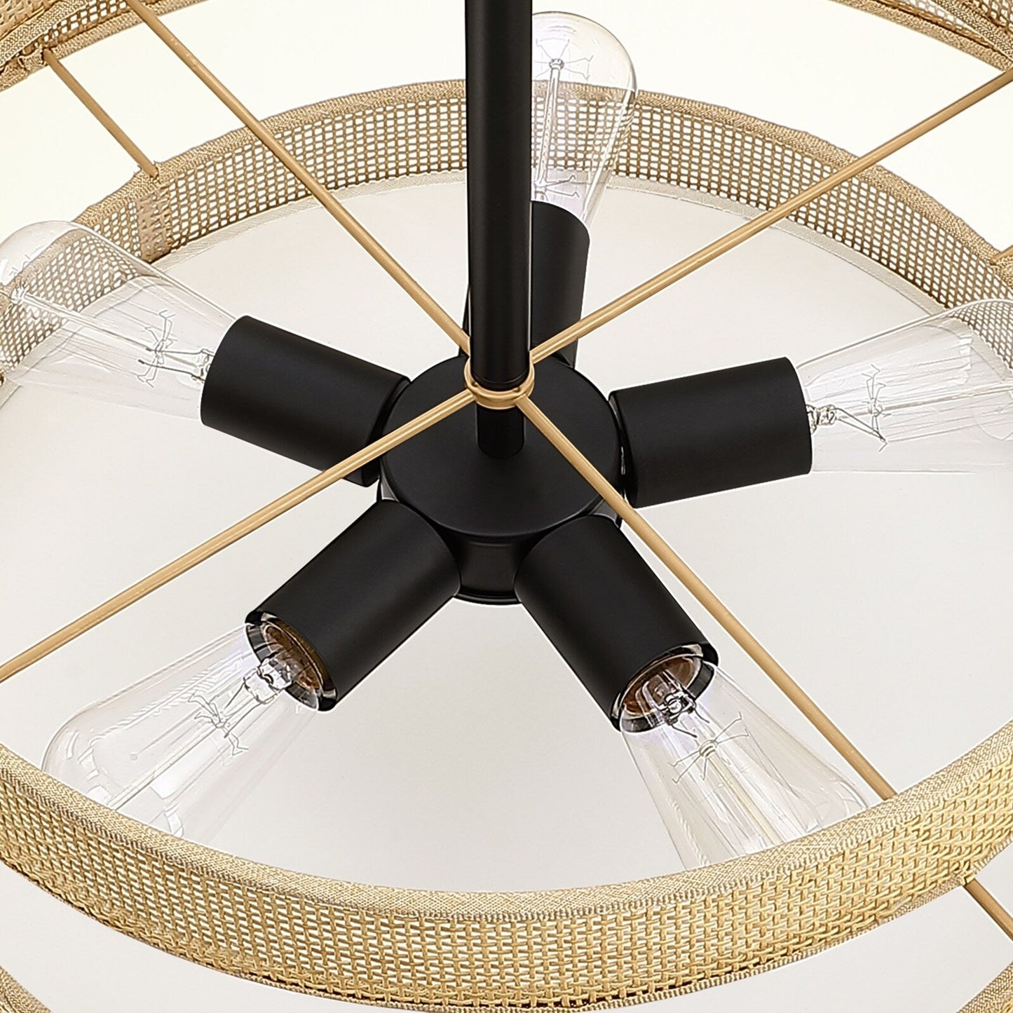 Luminaire à suspension à 5 lumières Bayou, style côtier, noir, avec abat-jour double en rotin - 61 cm de largeur