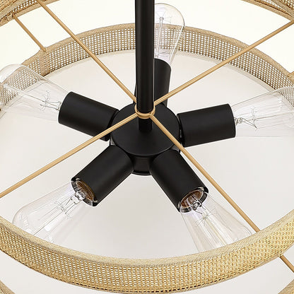 Luminaire à suspension à 5 lumières Bayou, style côtier, noir, avec abat-jour double en rotin - 61 cm de largeur