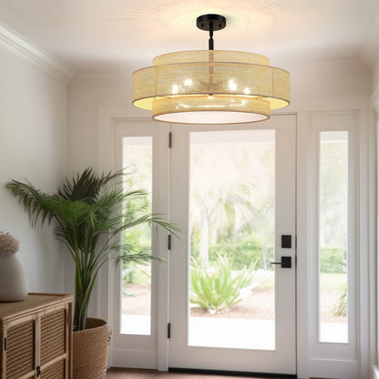 Luminaire à suspension à 5 lumières Bayou, style côtier, noir, avec abat-jour double en rotin - 61 cm de largeur