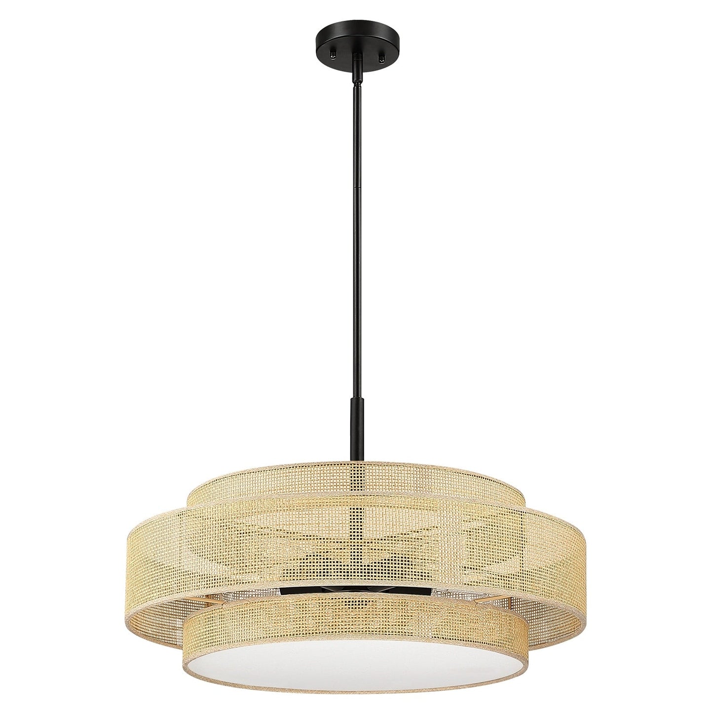 Luminaire à suspension à 5 lumières Bayou, style côtier, noir, avec abat-jour double en rotin - 61 cm de largeur